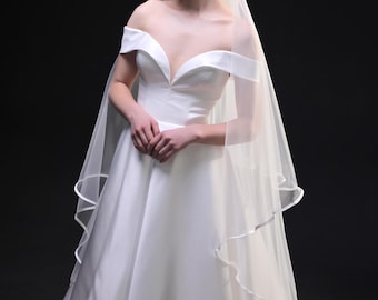 Two Tier Cathedral Wedding Veil, Elegant Satin Edge Blusher, White Tulle