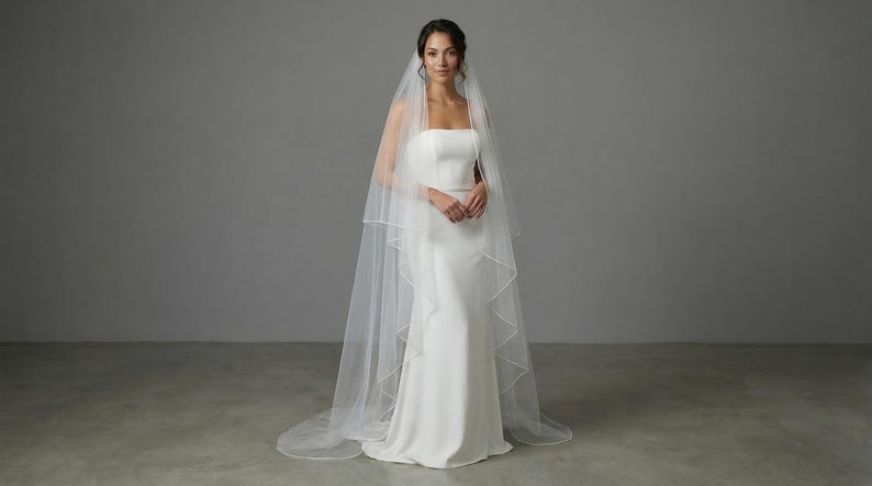 May include: A bride in a white strapless wedding dress and a long, sheer veil. The veil has a delicate trim and falls to the floor. The dress is form-fitting and simple, with a slight train. The background is a neutral gray.