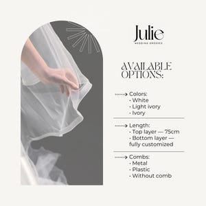 May include: A sheer white wedding veil with a soft, flowing design. The image shows the veil's delicate texture and available options: white, light ivory, or ivory. The top layer is 75cm long, and the bottom layer is fully customizable.