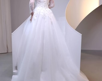 Lace Ball Gown Wedding Dress – Long Sleeve Floral Appliqué, Cathedral Train