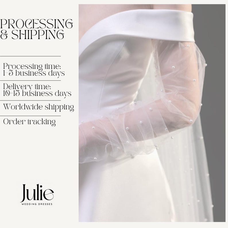 May include: A white wedding dress with an off-the-shoulder neckline and sheer sleeves adorned with small pearls. The dress features a flowing design, with the text "Julie WEDDING DRESSES" at the bottom.