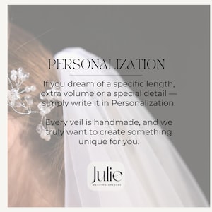 May include: Image featuring the word "PERSONALIZATION" in a stylish font. Text below states, "If you dream of a specific length, extra volume or a special detail - simply write it in Personalization." The Julie Wedding Dresses logo is at the bottom.