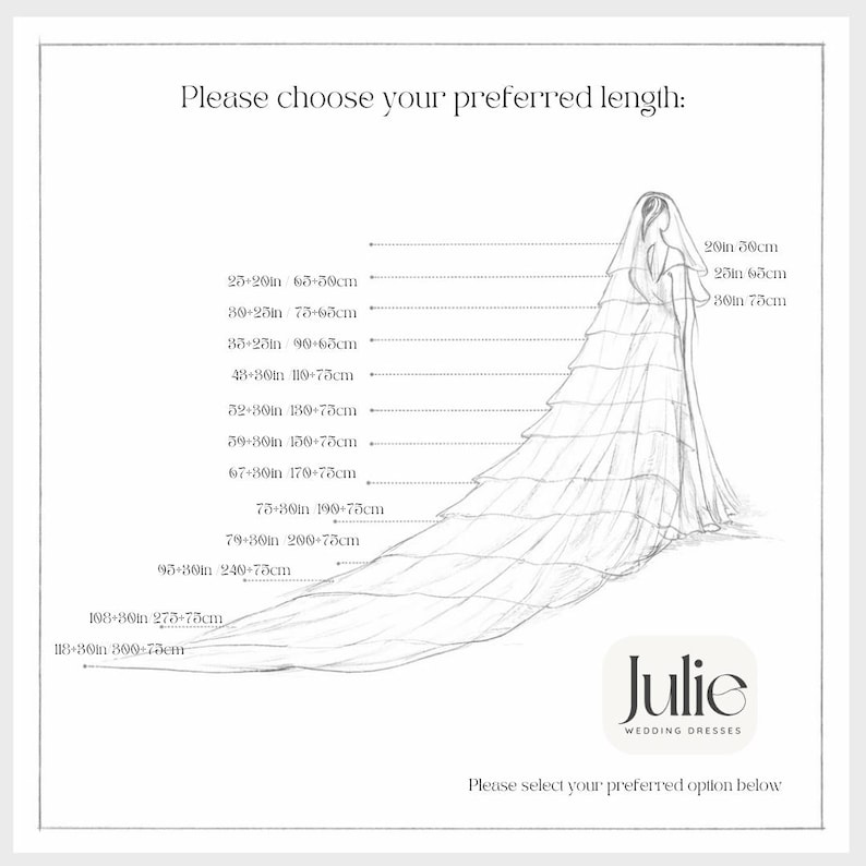 May include: A sketch of a wedding veil with length options from 20 inches (50 cm) to 118 inches (300 cm). Text includes "Please choose your preferred length" and "Julie Wedding Dresses."