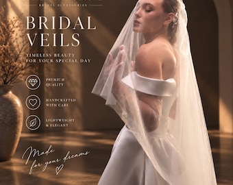 Op de afbeelding: Een doorschijnende, vloerlange bruidssluier gedrapeerd over een witte off-shoulder jurk. De afbeelding bevat de tekst: JULIEBRIDALGLOBAL, BRIDAL VEILS, TIMELESS BEAUTY FOR YOUR SPECIAL DAY, PREMIUM QUALITY, HANDCRAFTED WITH CARE, LIGHTWEIGHT & ELEGANT, Made for your dreams, BRIDE — BEAUTY — FOREVER.