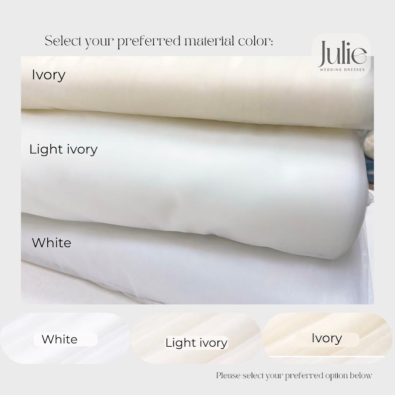 May include: Image of fabric rolls in ivory, light ivory, and white. The text reads "Select your preferred material color: Ivory, Light ivory, White." Below are fabric swatches labeled "White, Light ivory, Ivory."