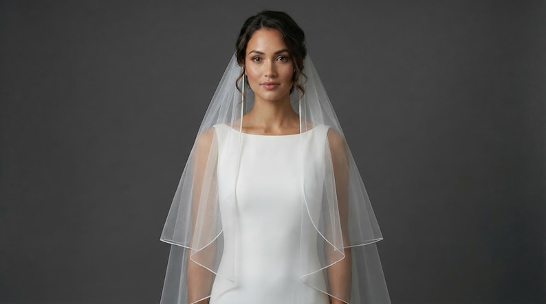 May include: A bride wearing a white wedding dress with a square neckline and a sheer, layered veil. The veil drapes over the shoulders and frames the face. The background is a solid gray.