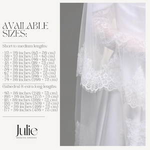 May include: A white wedding veil with delicate lace trim. The veil is available in various lengths, from 25+20 inches (65+50 cm) to 177+30 inches (450+75 cm). The image also includes the text "AVAILABLE SIZES:" and the brand name "Julie WEDDING DRESSES."