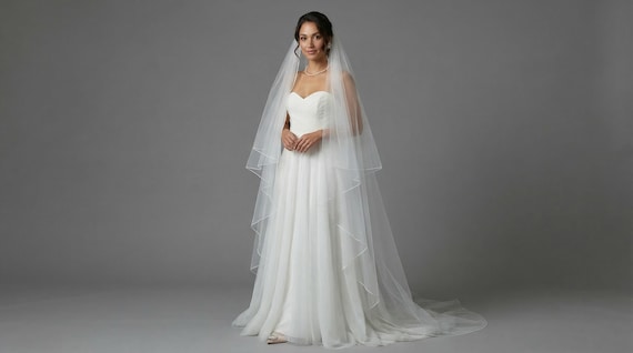 Pencil Edge Bridal Veil: Soft Tulle Wedding Cathedral Veil with Blusher