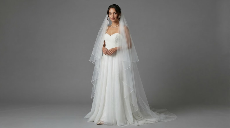 May include: A woman wearing a white wedding dress with a sweetheart neckline and a flowing skirt. She is also wearing a sheer, layered veil and a delicate necklace. The background is a solid gray.