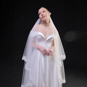 Velo de Novia de Dos Capas con Borde de Encaje – Velo de Tul Suave con Blusher