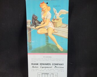 1946 Vintage pinup, Gil Elvgren Catch On, Salt Lake City Utah advertising calendar Frank Edwards Company
