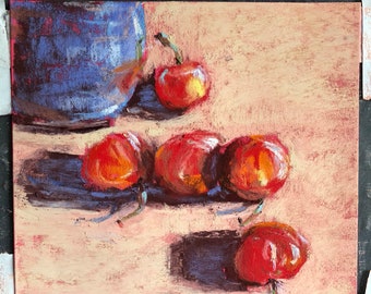 Cherries with blue mug