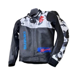 Suzuki Hayabusa Racing Motorbike Cowhide Leather Jacket New Suzuki Camouflage Motorcycle Biker Jacket
