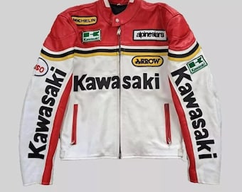 New Kawasaki Motorbike Cowhide Leather Jacket Kawasaki Racing Team Motorcycle Biker Jacket