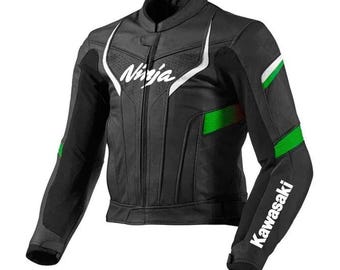 New Kawasaki Racing Motorbike Cowhide Leather Jacket Kawasaki Ninja Black & Green Motorcycle Biker Jacket