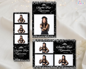 Moldura para cabine de fotos em preto e prata com brilho | Sobreposição para festa glamourosa editável no Canva e PSD