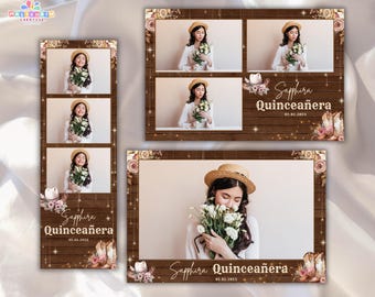 Western Quinceañera Photobooth Template Editable in Canva & Photoshop | Rustic Cowgirl Pink Floral Photo Booth Strip | Instant Download
