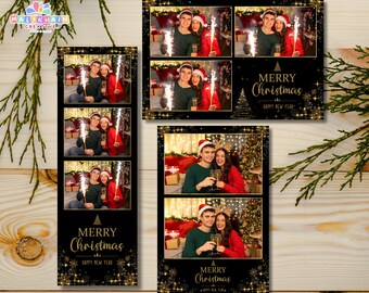 Modelo de cabine de fotos natalina em preto e dourado | Layout editável para festa de fim de ano (Canva e PSD)