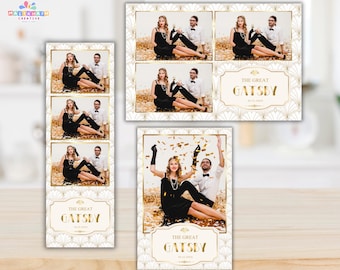 Modelo de cabine fotográfica Gatsby em ouro branco | Editável em Canva e PSD | Modelo de cabine fotográfica Art Déco inspirado em O Grande Gatsby dos anos 1920