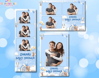 Modelo para Cabine de Fotos de Chá de Bebê | Design Fofo de Urso Azul | Download Instantâneo | Editável em PSD e Canva | Decoração Personalizável para Festa de Aniversário