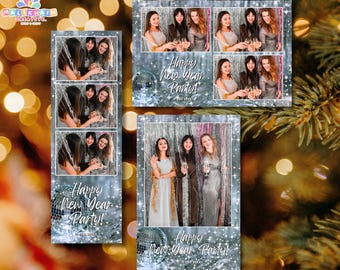Modelo de cabine de fotos com tema de prata brilhante e discoteca | Personalizável para Ano Novo, festas e eventos | PSD e Canva