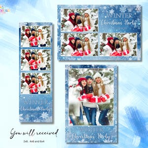 May include: A set of winter-themed photo booth templates with a light blue snowflake design. The templates include spaces for photos and text that reads "WINTER Christmas Party". The images feature people holding red wrapped gifts.