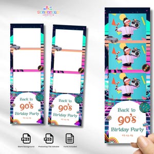 May include: Photo booth template with a 90s theme. The design features a retro colour scheme with neon accents, a disco ball, and the text "Back to 90's Birthday Party" with the date. Includes PNG, PSD, and editable font files.
