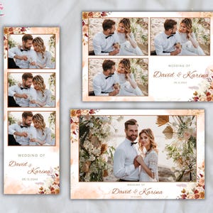 May include: A set of wedding photo booth templates featuring photos of a couple. The templates include a vertical strip with three photos, a horizontal template with four photos, and a larger horizontal template. The templates are decorated with floral accents and the text "WEDDING OF David & Karina".