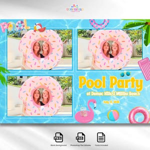May include: A pool party invitation with a blue water design. It features donut-shaped photo frames, a pink flamingo, and the text "Pool Party at Damac Hills 2 Malibu Beach July 17, 2025".
