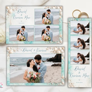 Peut inclure: Un ensemble de modèles de photos de mariage sur le thème de la plage avec des coquillages et des étoiles de mer. Les designs incluent une mise en page horizontale avec plusieurs cadres photo et une bande verticale, affichant les noms David et Karina Mae.
