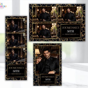 May include: A set of black and gold photo booth props for a 50th birthday celebration. The designs feature images of a man in a black suit, with the text "JOE MICHAEL'S 50TH BIRTHDAY" in a gold frame.