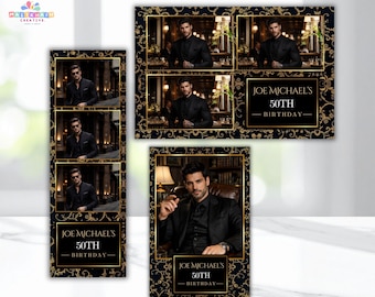 Modelo de cabine de fotos com padrão vintage preto e dourado | Editável em Canva e PSD | Moldura elegante em estilo Art Déco para cabine de fotos