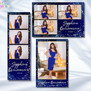 May include: Photo booth templates in navy blue and gold. The templates show a woman in a blue dress. The text "Sapphira Quinceañera" is displayed, along with the date 12.27.25. The templates are decorated with gold glitter.