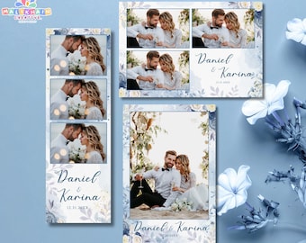 Modelo de cabine de fotos floral azul | Modelo de cabine de fotos azul suave - PSD e Canva editáveis para casamentos, aniversários e eventos