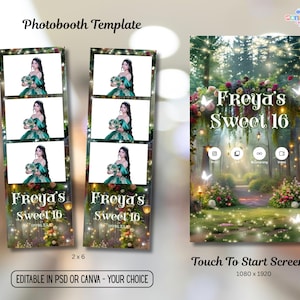Puede incluir: Plantilla de fotomatón con el texto "Photobooth Template" en la parte superior. La plantilla incluye un diseño de tira de fotos 2x6 y una pantalla táctil para iniciar. El diseño de la tira de fotos presenta fotos de una persona con un vestido verde. La pantalla táctil dice "Freya's Sweet 16".