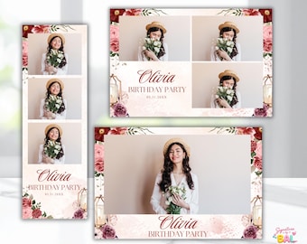 Pink & Burgundy Dusty Floral Photobooth Template | Editable PSD and Canva Frame for Birthday and Events