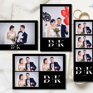 May include: Black and white photo booth strips and prints featuring a bride and groom. The couple is holding props and posing. The prints include the initials "DK" and the wedding date. Red balloons are also visible.