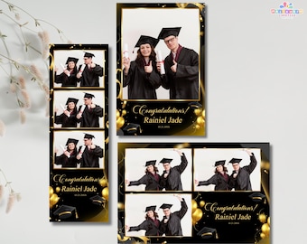 Modelo de cabine de fotos para formatura em preto e dourado | PSD e Canva editáveis | Cenário para festa de formatura da turma de 2026 | Modelo elegante para formatura