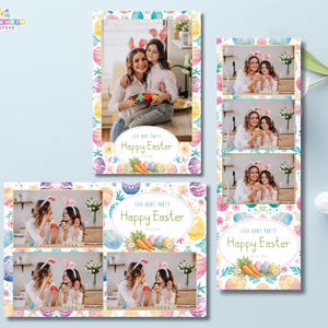 以下が含まれることがあります： イースターをテーマにしたフォトブースのストリップとカード。デザインは、花柄と卵のボーダーが特徴で、「Egg Hunt Party Happy Easter」のテキストが入っています。写真は女性と子供を示しています。