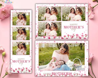 Modelo de moldura para cabine de fotos do Dia das Mães | Flor rosa em Canva PSD editável | Cabine de fotos para comemoração do Dia das Mães
