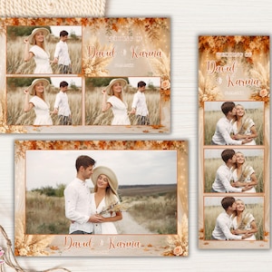 May include: A set of wedding photo templates featuring an autumn theme with orange leaves and pampas grass. The designs include the text Wedding of David & Karina and display multiple photographs of a couple in a field, with white borders.