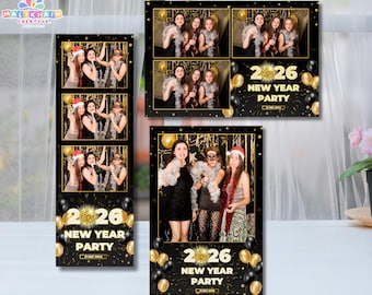 Modelo de cabine de fotos para a véspera de Ano Novo | Festa em preto e dourado | PSD editável no Canva