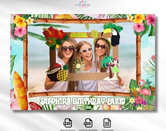 May include: A photo booth frame with a tropical theme. The frame is brown with bamboo-like detailing and floral accents. The text "Sapphire Birthday Party July 17, 2025" is at the bottom. The word "Aloha" is at the top.