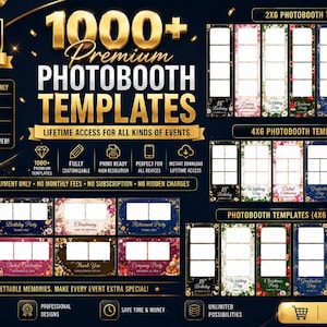 Peut inclure: Graphique promotionnel pour des modèles de photobooth. Le design présente le texte "1000+ Premium Photobooth Templates" en lettres dorées. Il met en évidence des fonctionnalités telles que l'accès à vie, des modèles prêts à imprimer et des designs personnalisables.