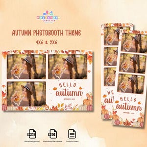 Peut inclure: Modèle de photomaton sur le thème de l'automne, avec le texte "Autumn Photobooth Theme" et "Hello Autumn". Le design comprend des feuilles, des citrouilles et des images d'une personne. Disponible en formats 4x6 et 2x6, aux couleurs chaudes.