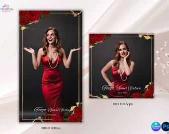 360 overlay Red Roses Burgundy Gold Quinceañera  | Editable in Canva & PSD | Elegant Floral 15th Birthday Template