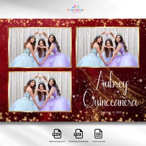May include: A red background with gold glitter and four photo booth frames. The frames are filled with photos of three girls in quinceañera dresses. The text "Aubrey Quinceanera" and "October 18, 2025" is at the bottom of the image.