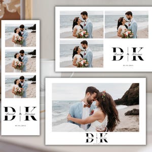 May include: A set of three wedding photo prints featuring a couple on a beach. The prints include a vertical strip, a horizontal layout, and a single large photo. Each print displays the text D & K, David & Karina, and the date 03.16.20XX.