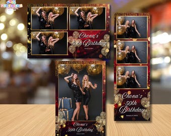 Modelo de cabine de fotos em tons de bordô e dourado, perfeito para aniversários, festas e comemorações - Arquivos PSD e Canva editáveis incluídos.