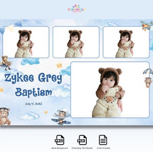 Pode incluir: Um modelo de foto de batismo azul claro com quatro caixas de fotos e o texto "Zykee Grey Baptism" e a data "11 de julho de 2025". O modelo inclui ilustrações de aviões, nuvens e ursinhos de pelúcia. O modelo inclui opções PNG, PSD e fontes.